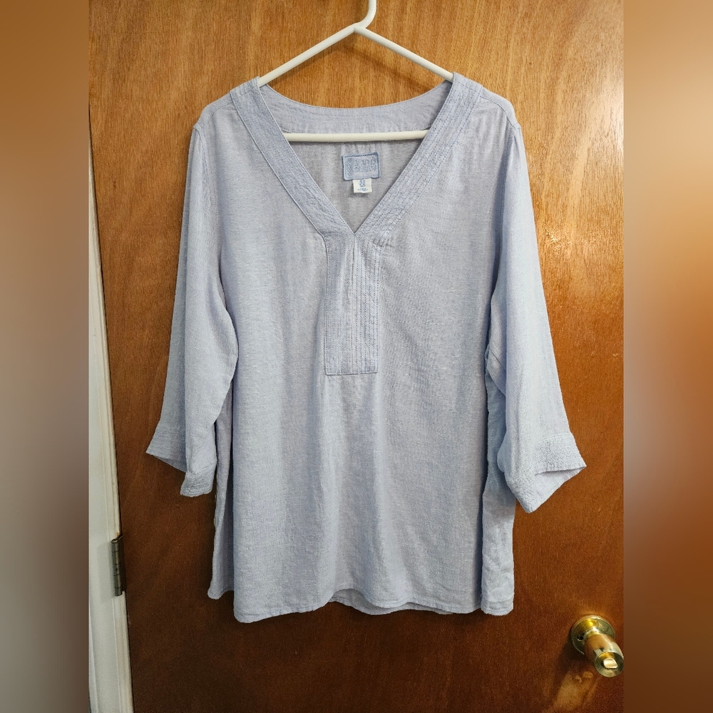 Sigrid Olsen  Linen Blouse 3/4 Sleeves V-Neck Light Blue XL Side Button Accents